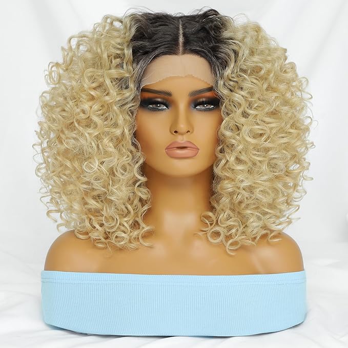 Felek 16inch Curly Lace Front Wigs Middle Part Jerry Curl Wig Blonde Color with Dark Roots T Lace Front Synthetic Pre-Plucked Deep Curly Wigs For Black Women(T4/Blonde)