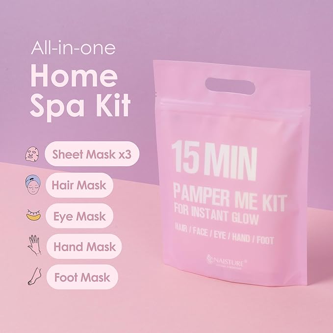 15 Min Pamper Me Kit by Naisture – Korean Spa Kit for Women with Hair Mask, Hand and Foot Masks, Eye Mask, and Face Masks