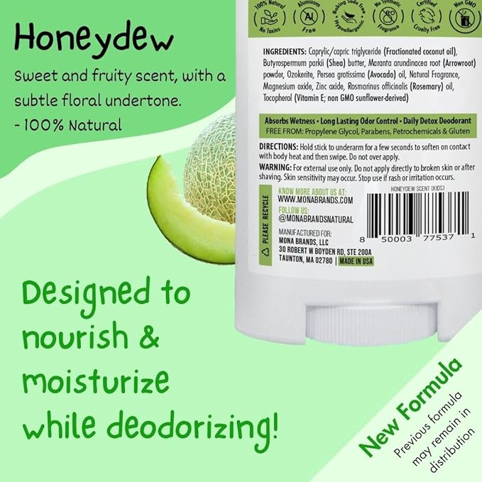 MONA All Natural Deodorant for Kids | Safe for Kids | Vegan, Hypoallergenic & Free from Baking Soda, Aluminum & Synthetic Scents (3-PK HONEYDEW 1.76 Oz each)