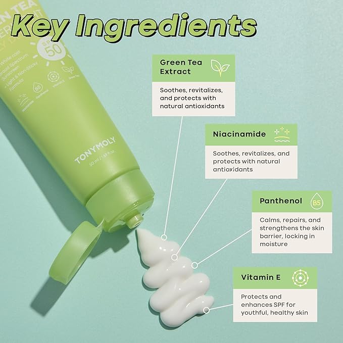 TONYMOLY Green Tea Korean Sunscreen for Face, Travel Size Sunscreen SPF 50, Non-Greasy & No White cast, Daily Broad Spectrum UV Protection with Niacinamide, Panthenol & Hyaluronic Acid, 50ml