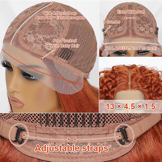 Felek 16inch Middle Part Curly Lace Front Wigs Jerry Curl Lace Wig Ginger Orange T Lace Front Curly Synthetic Pre-Plucked Deep Curly Wigs For Black Women(#350)