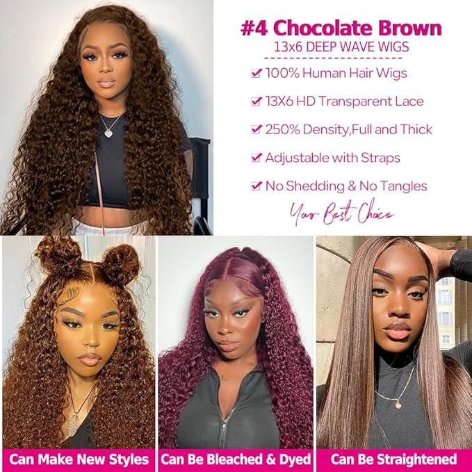 CHEETAHBEAUTY #4 Chocolate Brown Deep Wave 13X6 HD Transparent Lace Front Wigs Brazilian 10A Grade Deep Curly Human Hair Wigs for Black Women Pre Plucked with Baby Hair 250% Density(16inch)