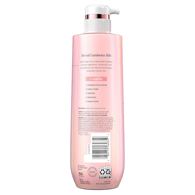 Olay Super Serum Body Wash for Normal Skin, 24hr Long Lasting Hydration, 5+ Ingredient Serum Complex for Bright Even Firm Luminous Skin, 18.5 fl oz