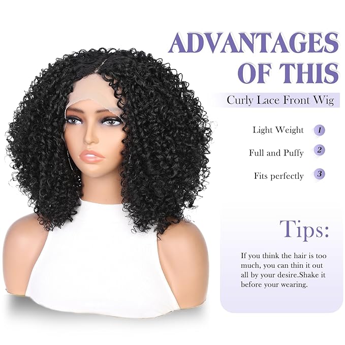 quickwig Quick Wig Curly Lace Front Wigs Short Kinky Curly Wig 13×4×1 HD Glueless Lace Curly Wig Black Synthetic Lace Wigs for Women Deep Wave Wig (1B) (Black)