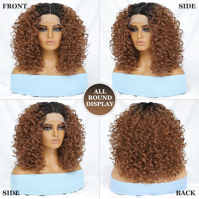 Felek 16inch Curly Middle Part Lace Front Wigs Mixed Honey Blonde Jerry Curl Wig T Lace Front Synthetic Pre-Plucked Deep Curly Lace Wigs For Black Women (T4/30)