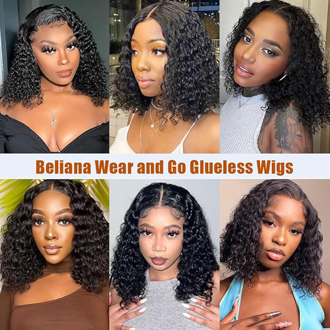 Glueless Bob Wigs Human Hair Pre Plucked Pre Cut Short Curly Human Hair Wigs for Black Women 5x5 HD Lace Closure Water Wave Wear and Go Glueless Wigs 180% Density 12 Inch