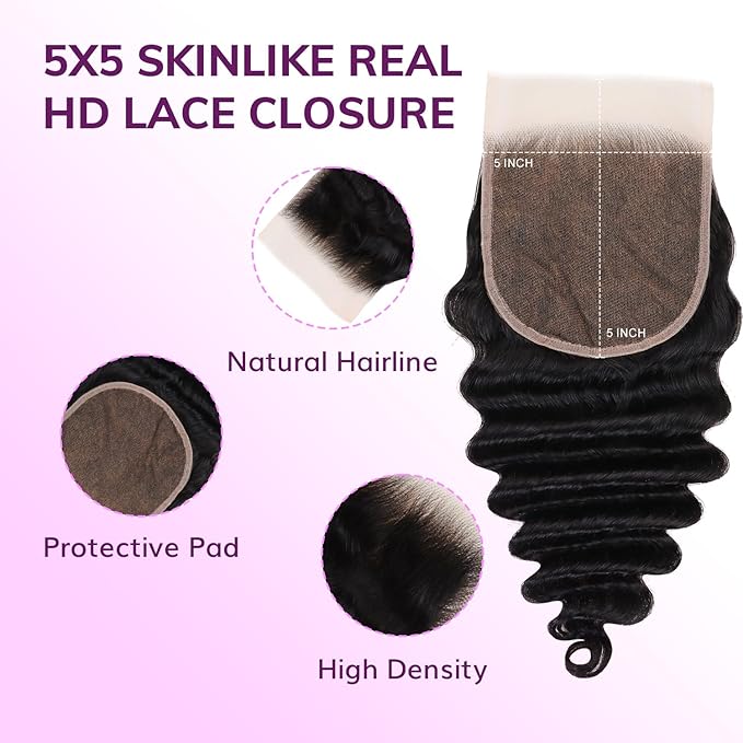 IDN BEAUTY SKINLIKE REAL HD 5x5 Lace Closure Human Hair Deep Wave 16 Inch Bleached Single Knots Ultra-thin HD Lace Closure Virgin Human Hair 0.1 mm Pre Plucked Hairline