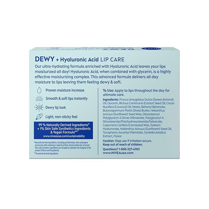 NIVEA Dewy Lip Balm with Hyaluronic Acid, Leaves Visibly Less Noticeable Lip Lines and No Waxy Feel, 0.18 Oz, Pack of 4