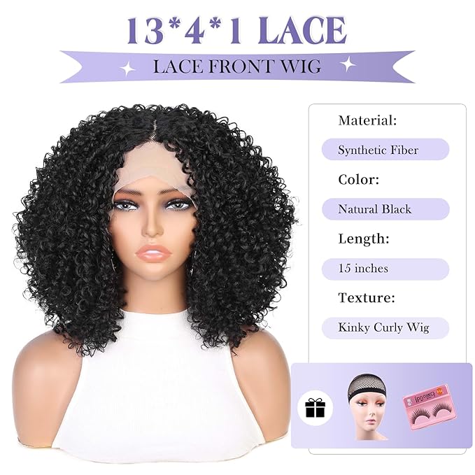 quickwig Quick Wig Curly Lace Front Wigs Short Kinky Curly Wig 13×4×1 HD Glueless Lace Curly Wig Black Synthetic Lace Wigs for Women Deep Wave Wig (1B) (Black)