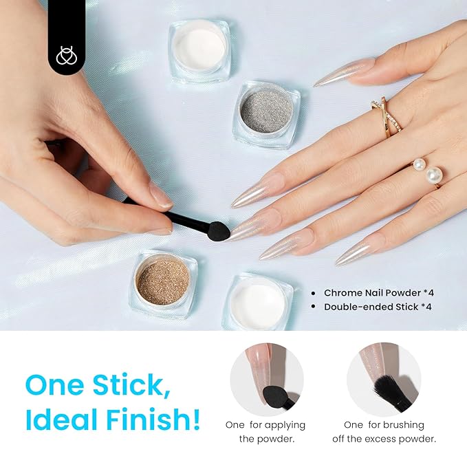 Beetles Gold Chrome Nail Powder for Nails Mirror Effect Holographic Shell White Nail Glitter Kit for Nail Art Decoration 4 Colors 0.5g/Jar
