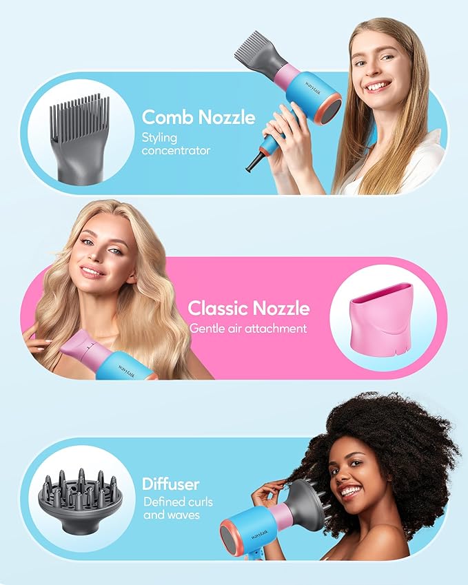 Wavytalk Hair Dryer with Diffuser, Blown Away Ionic Hair Dryer for Curly Hair with Comb, 1875W Fast Drying Blow Dryer with Ceramic Technology, 3 Attachments for All Hair Types, Light and Quiet, Poppa