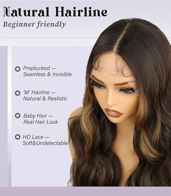 13x4 Lace Front Wig Dark Brown Highlight Ombre Blonde Pre Plucked Hairline with Baby Hairs Glueless Long Wavy Synthetic Wig Heat Resistant for Daily Wear and Parties 26 inch