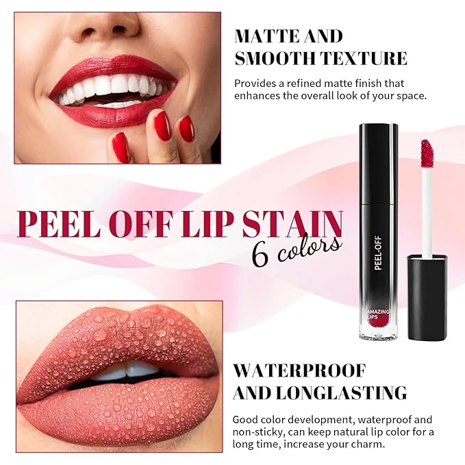 DAGEDA 6 Colors Peel Off Lip Stain Set, Long Lasting and Waterproof Lip Stain Peel off Lip Liner Makeup, Tattoo Lip Color, Natural Matte Finish Lip Tint Stain