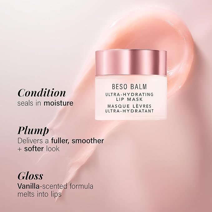 JLO BEAUTY Beso Balm Lip Mask | Ultra-Hydrating Glossy Finish, Visibly Plumps & Softens, Day & Overnight Lip Care Treatment, Vanilla Scented | 3 Pack
