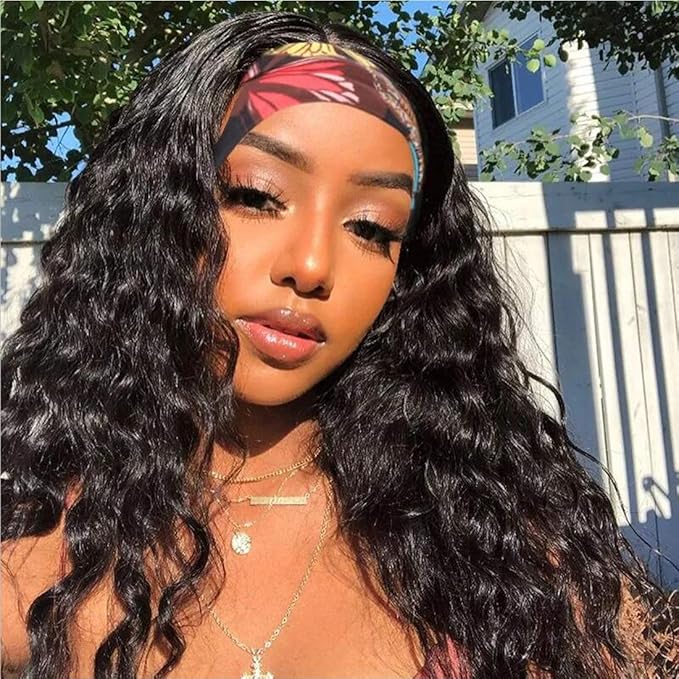 Beauty Forever Headband Human Hair Wigs Water Wave Glueless Human Hair Wigs With Pre-attached Scarf Non Lace Front Wigs for women Natural Color 150% Density 18 Inch