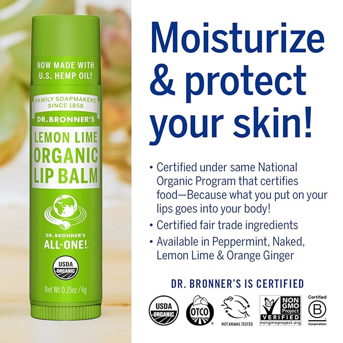 Dr. Bronner’s Organic Lip Balm 6-Pack (.15oz) Natural, Moisturizinging, Petroleum-Free Lip Balm with Beeswax & Avocado Oil for Dry Lips, Men & Women - Lemon Lime