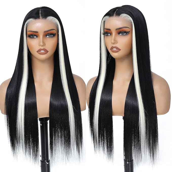 Glueless 7x5 Lace Front Wig for Women Skunk Stripe Wig Synthetic Lace Wig Pre Plucked HD Lace Straight Wig Ready to Wear Long Straight Black and Blonde Wig 26inch