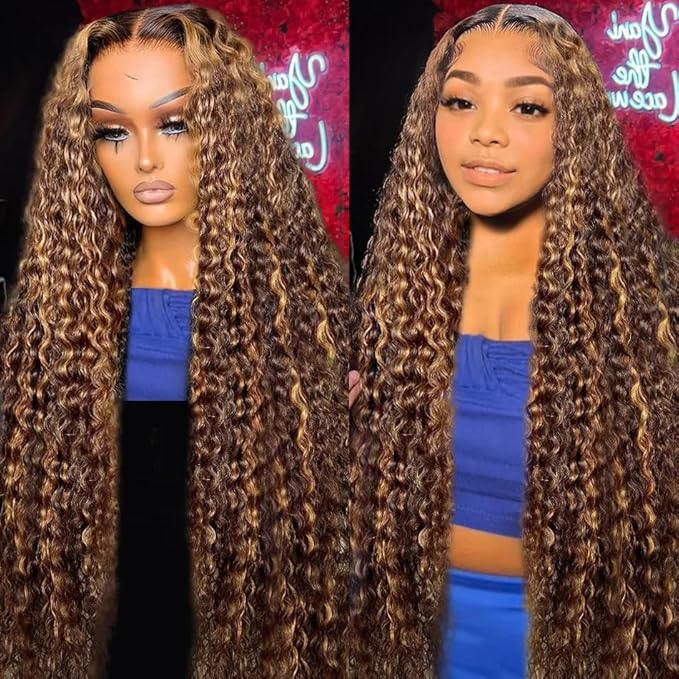 CHEETAHBEAUTY #4/27 Ombre Highlight Deep Wave 13X6 HD Transparent Lace Front Wigs Human Hair Brazilian Deep Curly Wigs for Black Women Pre Plucked with Baby Hair 250% Density(34inch)