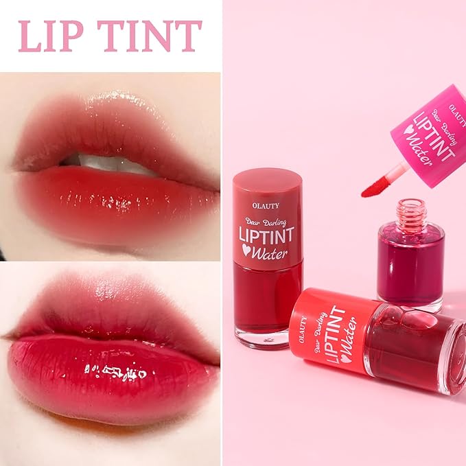 Lip Tint Stain Set, Korean Lip Tint Glossy Lip Stain Plumping Mini Liquid Lipstick, Multi-use Lip and Cheek Tint, Long-Wear Lip Stain Non-Stick Cup Smudge-proof & Lightweight Lip Tint (Strawberry)