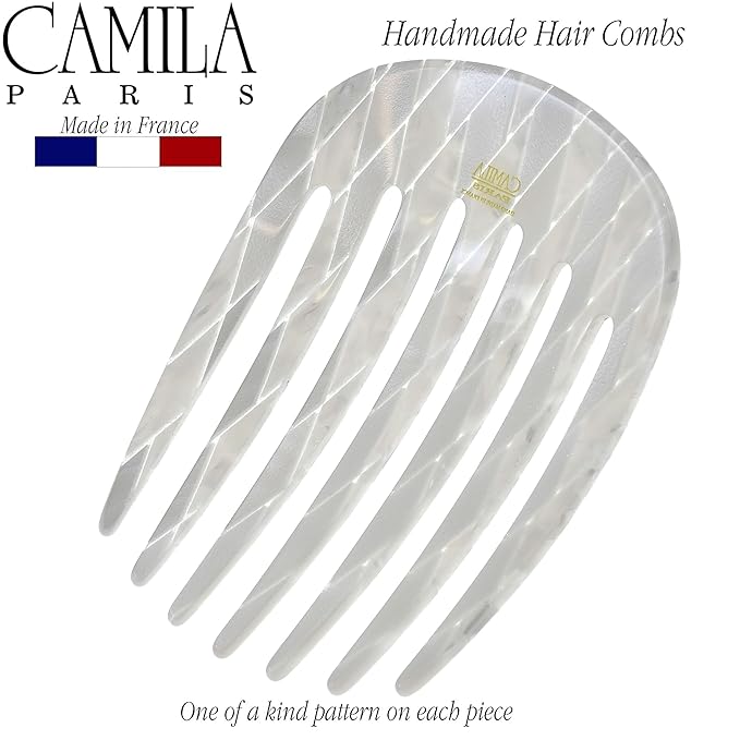 Camila Paris CP3408 French Hair Side Comb Rounded, Nacro White, Handmade French Twist Hair Combs, Strong Hold Hair Clips for Women Bun Chignon, No Slip Styling Girls Hair Accessories Made in France
