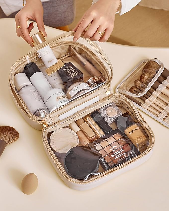 EACHY Travel Makeup Bag,Large Capacity Cosmetic Bags for Women,Waterproof Portable Pouch Open Flat Toiletry Bag Make up Organizer with Divider and Handle
