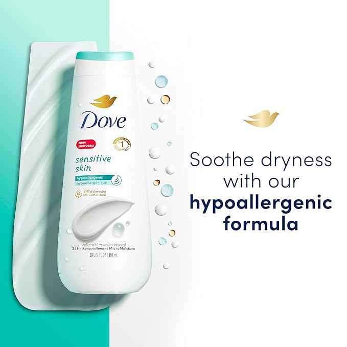 Dove Body Wash Sensitive Skin 4 Count Hypoallergenic, Paraben-Free, Sulfate-Free, Cruelty-Free, Moisturizing Skin Cleanser Effectively Washes Away Bacteria While Nourishing Skin 20 oz