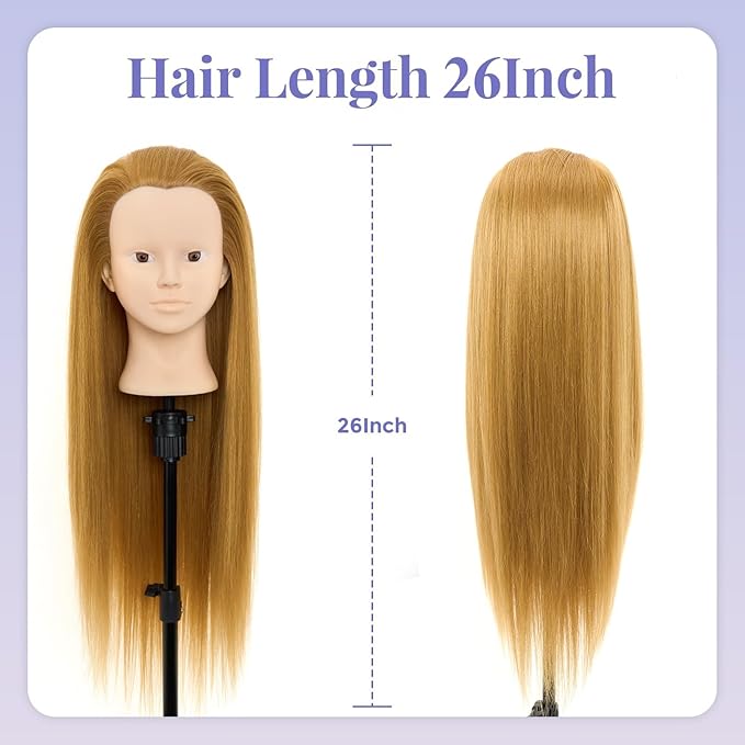 Neverland Beauty Mannequin Head with 60% Real Human Hair, 26 Inch Makeup Cosmetology Mannequin Doll Head for Hair Styling, Training Practice Braiding Manikin Head with False Eyelashes Hair Styling Set