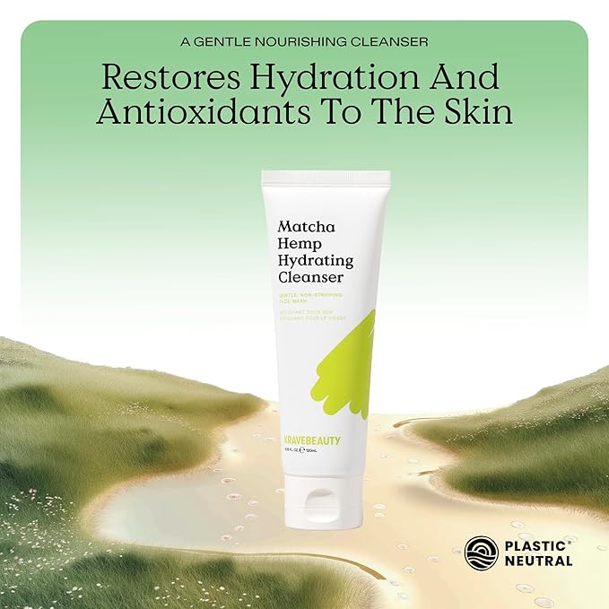 KraveBeauty Matcha Hemp Hydrating Cleanser - Daily Gentle Non-Stripping Face Wash Enriched with Matcha and Hemp Seed Oil, for All Skin Types, Vegan and Cruelty Free, 4.05 fl oz
