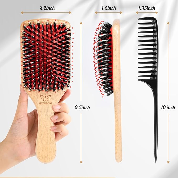 Hair Brush,Boar Bristle Hair Brushes and Hair Comb Set for Women Men Kids, Best Natural Wooden Paddle Hairbrush for Wet or Dry Hair