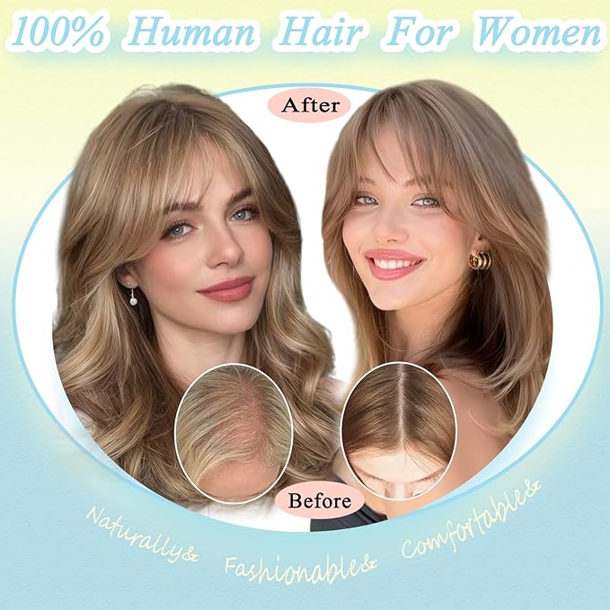 Hair Toppers for Women Real Human Hair, 360° 3D Toppers Pieces for Women with Thinning Crown Wispy Bangs 14 Inch Upgrade Big Basement (Medium Brown, 14 Inch Wispy Bangs)