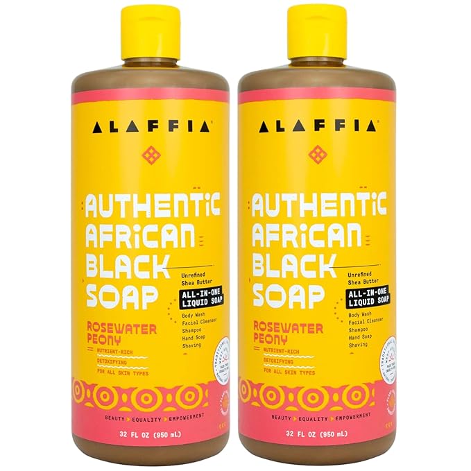 Alaffia Authentic African Black Soap, Rosewater Peony, 2-Pack – All-in-One Moisturizing Cleanser for Face, Hands, Body & Hair, 32 Oz Ea