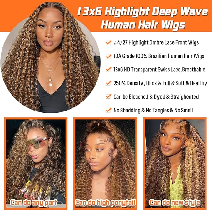 CHEETAHBEAUTY #4/27 Ombre Highlight Deep Wave 13X6 HD Transparent Lace Front Wigs Brazilian Deep Curly Human Hair Wigs for Black Women Pre Plucked with Baby Hair 250% Density(22inch)