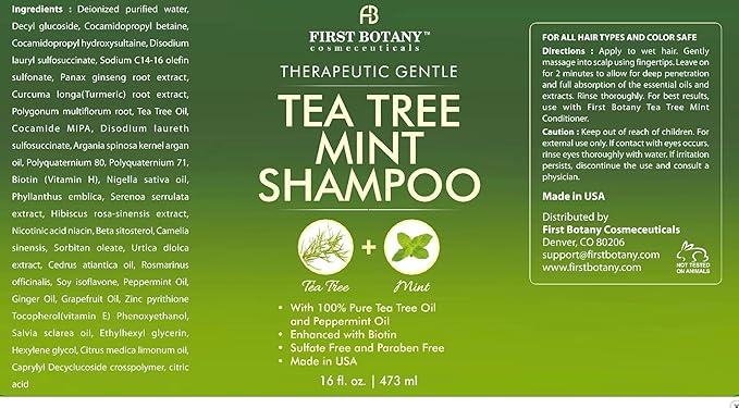 First Botany, Tea Tree Oil Shampoo 16 fl oz - Anti Dandruff Shampoo Natural Oil cleanser For Dry Itchy & Flaky Scalp - Sulfate Free Paraben Free Cleanser - Prevents Head Lice & Thinning