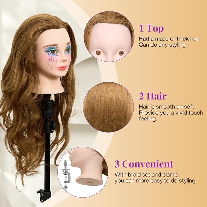 Neverland Beauty Mannequin Head with 80% Real Human Hair with Tripod Stand, 26 Inch Makeup Hairdressing Training Head Braiding Mannequin Head Manikin Styling Head Cosmetology Practice Doll Head