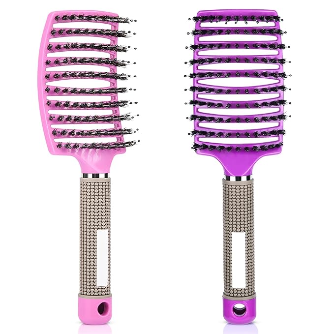 Wet Hair Detangling Brush for Blow Drying,Hair Detangler Brush for Women and Kids ,Boar Bristle Hair Brushes for Women Detangler 2 PACK(PINK+PURPLE)
