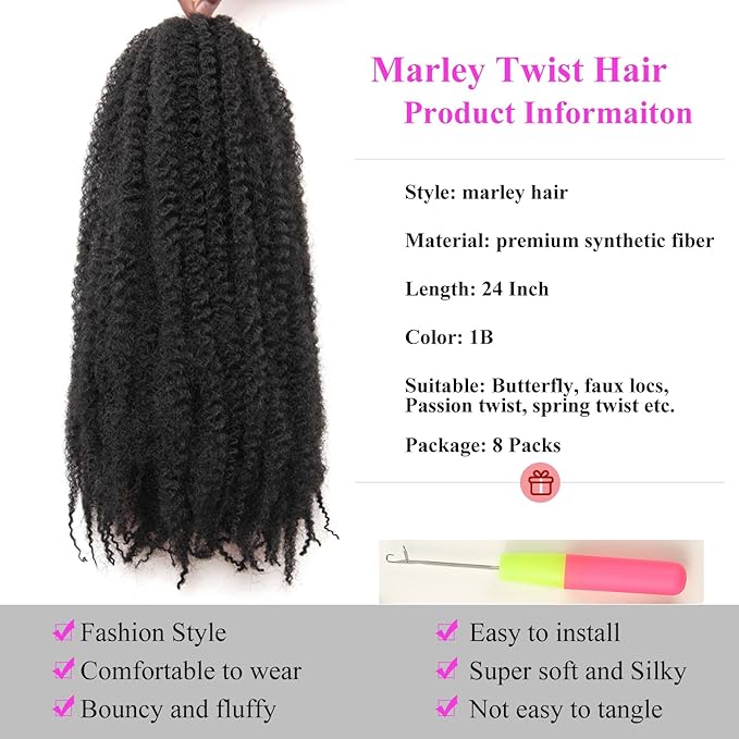Marley Twist Braiding Hair 24 Inch 8 Packs โ Long-Lasting Marley Hair, Fluffy&Tangle-Free Cuban Twist Hair for Braiding, Natural Look Synthetic Spring Afro Kinky Twist Hair Extensions (1B)