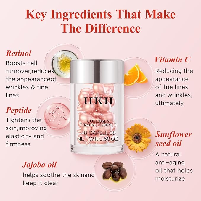 HKH Retinol Face Serum Oil - Anti-Again Night Serum Capsules with Vitamin E, Reduce Wrinkles, Firm & Hydrate Skin, Non-Greasy Formula, Travel-Friendly Skincare, with Scissors, 48 Capsules