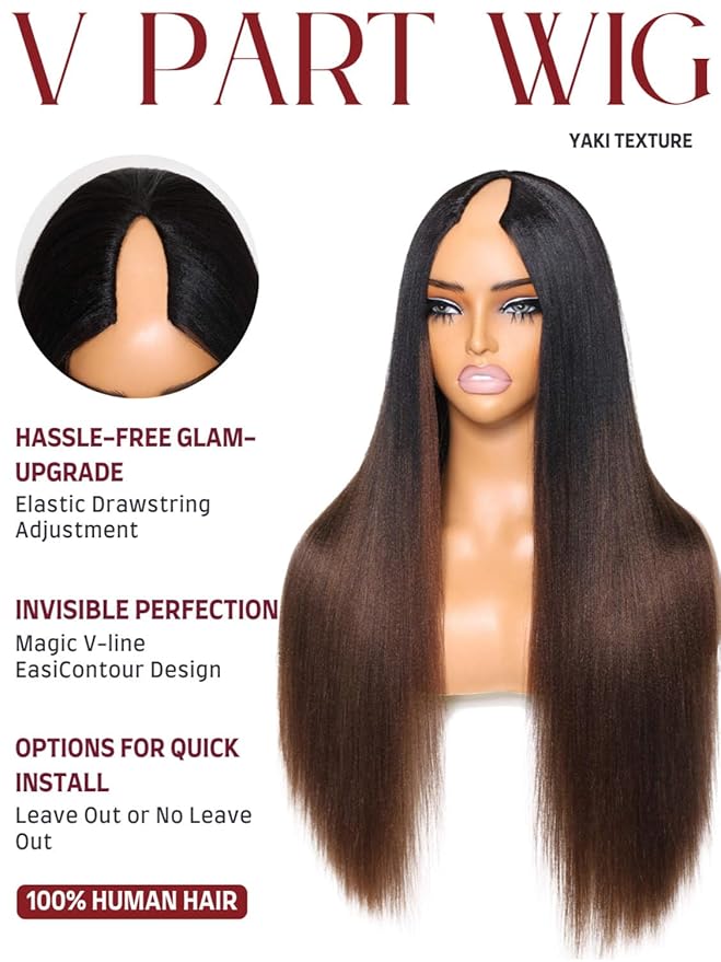 Beauty Forever V Part Wig Human Hair Yaki Straight EasiContour Vpart Wigs No Leave Out Ombre Chestnut Brown Glueless Upgraded U Part Wigs for Women None Lace Front Wigs T128 Color 150% Density 18inch
