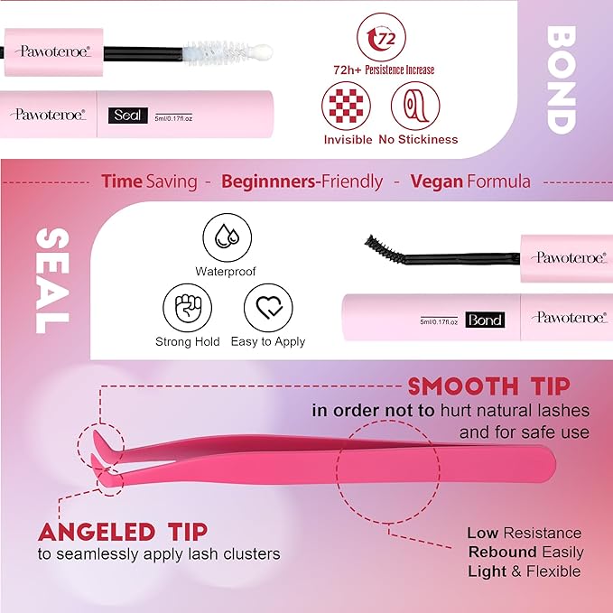 Pawotence Lash Extension Kit Individual Lash Clusters Kit 9-16mm 30D 40D Cluster Eyelash Extensions Kit with Lash Bond and Seal, Lash Tweezers for Self Use (30D&40D, 0.07D, 9-16mm, Portable Kit)