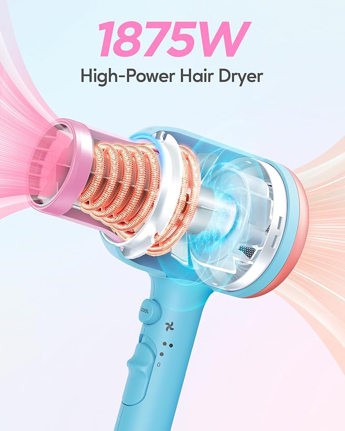 Wavytalk Hair Dryer with Diffuser, Blown Away Ionic Hair Dryer for Curly Hair with Comb, 1875W Fast Drying Blow Dryer with Ceramic Technology, 3 Attachments for All Hair Types, Light and Quiet, Poppa