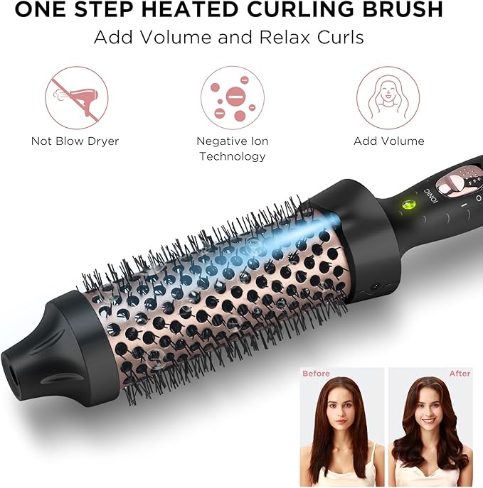 Aima Beauty Hair Curling Iron Brush, 1.5" Ceramic Hot Brush for Loose Curls, Dual Voltage & 60Mins Auto-Off, Black