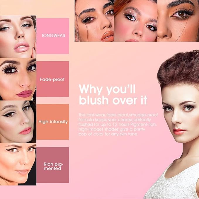 12 Colors Blush Palette,Highlighter Blush Powder Makeup,Long-Wearing,Smudge Proof,Natural-Looking,Blendable Cosmetics Makeup