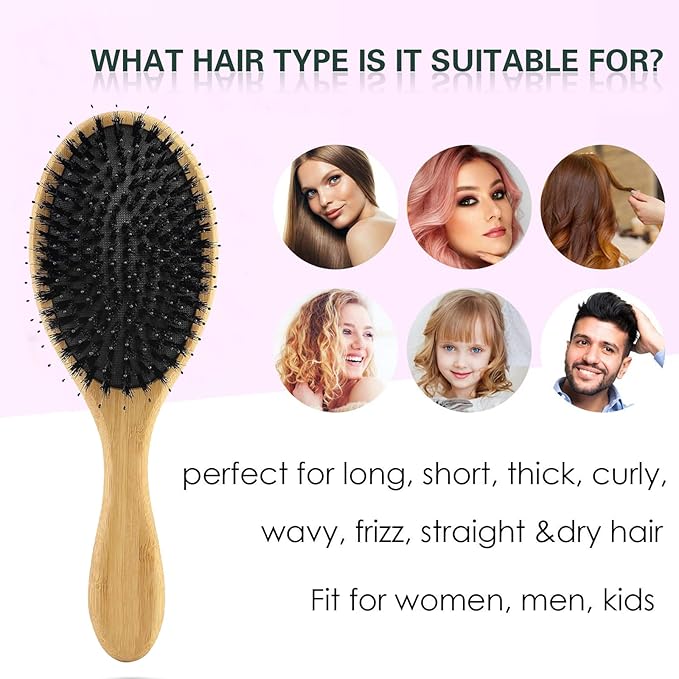 No Shampoo Hair Brush,Natural Boar Bristle Hair Brush for Women, Men, Kids;Smooths Frizz and Prevents Breakage in Fine and Straight, Thick and Curly Hair (oval)