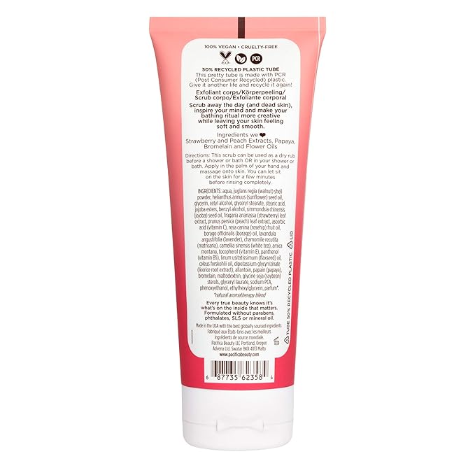 Pacifica Strawberry Peach Body Scrub, Gently Exfoliates & Polishes Dead Skin, For All Skin Types, Ven & Cruelty-Free, 6 Fl Oz
