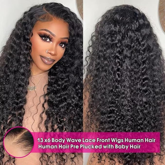 30inch Deep Wave Lace Front Wigs Human Hair 180% Density 13x6 HD Transparent Deep Curly Human Hair Wig Pre Plucked Brazilian Virgin Hair with Baby Hair Wet and Wavy for Women Natural Black