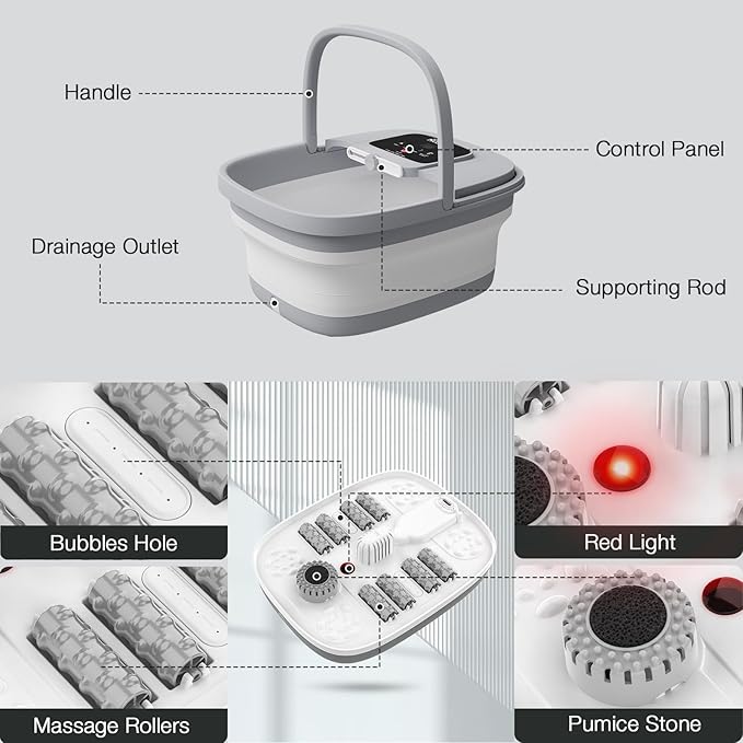 HOSPAN Collapsible Foot Spa with Heat, Bubble, Red Light, and Temperature Control, Foot Bath Massager with 8 Shiatsu Massage Rollers, Pedicure Foot Spa for Relaxation and Stress Relief