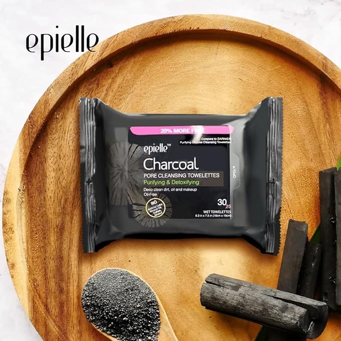 Epielle Charcoal Makeup Remover Wipes | For All Skin Types | Daily Facial Towelettes | Removes Dirt, Oil, Waterproof Makeup | Pack of 2 | Korean Skincare