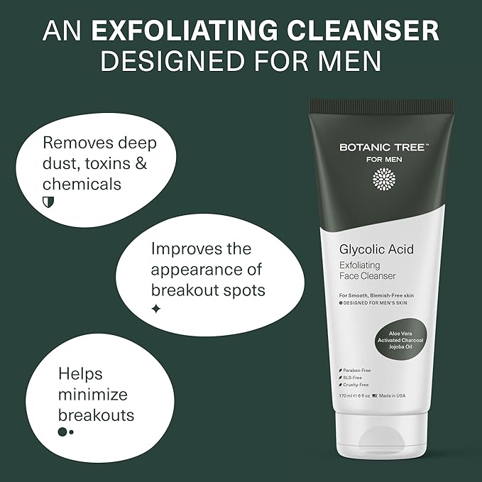 Botanic Tree Glycolic Acid Exfoliating Face Wash for Men - Facial Exfoliating Cleanser, Face Scrub - 10% Glycolic Acid with Activated Charcoal - Travel Size - 6 fl oz