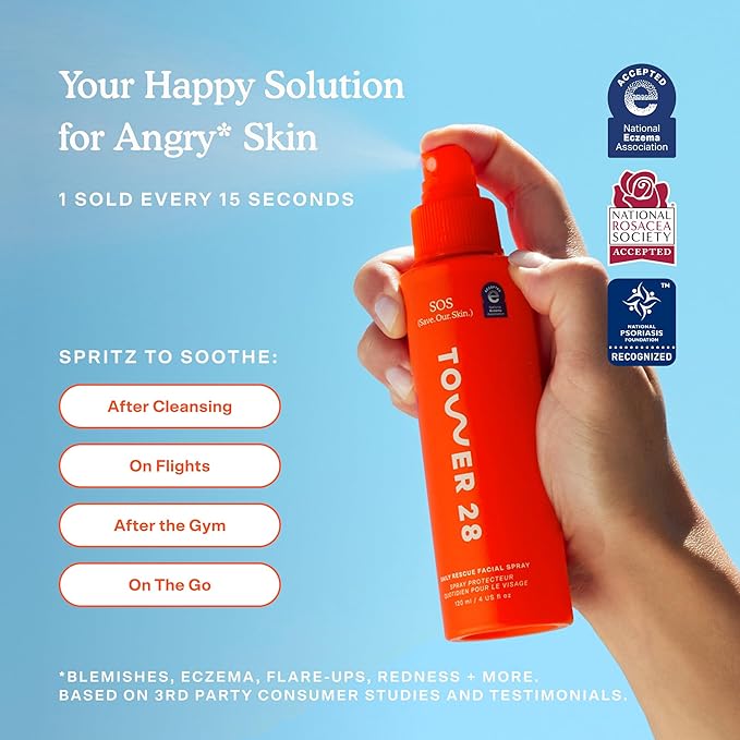Tower 28 SOS Daily Rescue Facial Spray for Sensitive Skin, Hypochlorous Acid Spray Helps Reduce Redness and Breakouts, Travel Size Toner for Face, 1 FL Oz