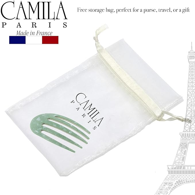 Camila Paris CP3411 French Hair Side Comb Small Rounded, Green, Handmade French Twist Hair Combs, Strong Hold Hair Clips for Women Bun Chignon, No Slip Styling Girls Hair Accessories Made in France